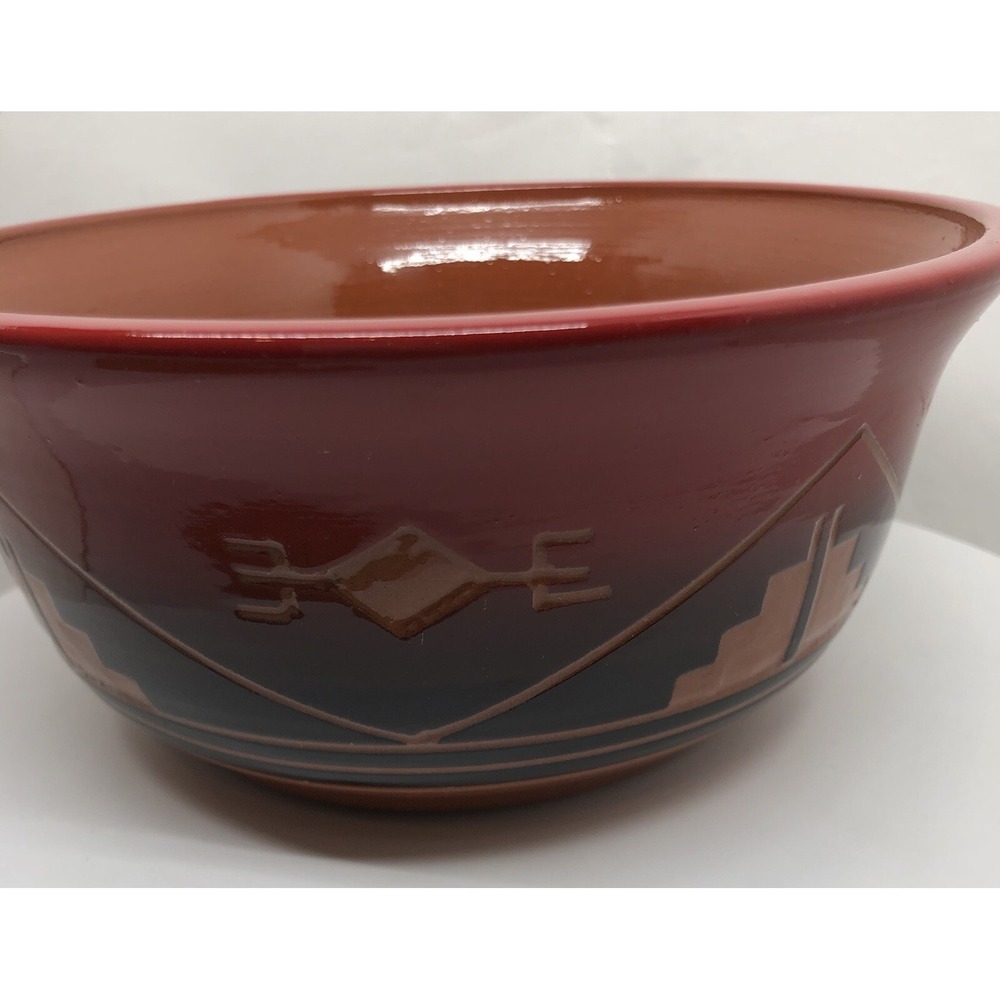 Original Art Pottery Native American Traditional Symbols Bowl Artisan Signed Red - Picture 15 of 16